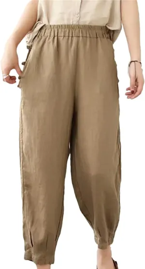 Disimlarl Women Casual Harem Pants Solid Color Loose Pants Elastic Waist Ankle-Length Pants