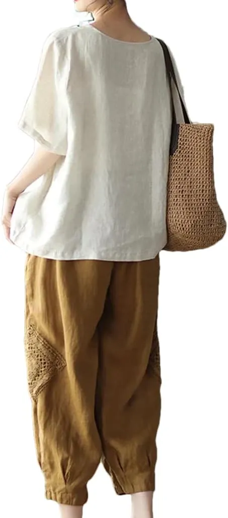 Disimlarl Women High Waist Casual Pants Elastic Waist Cotton Linen Pants Loose Ankle-Length Harem Pants