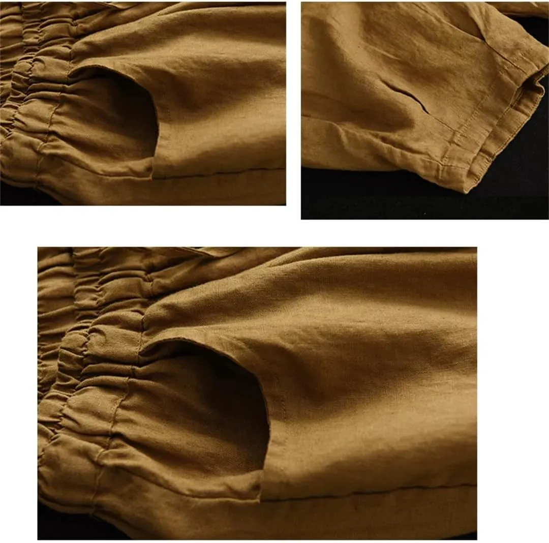 Disimlarl Women High Waist Casual Pants Elastic Waist Cotton Linen Pants Loose Ankle-Length Harem Pants