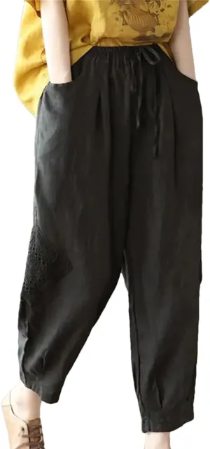 Disimlarl Women High Waist Casual Pants Elastic Waist Cotton Linen Pants Loose Ankle-Length Harem Pants