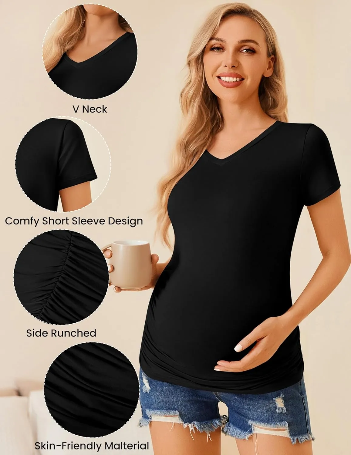 Ekouaer Womens Maternity Shirts 3 Packs V Neck Tops Tunic Pregnancy Clothes Side Ruched Short Sleeve Casual T Shirt S-XXL