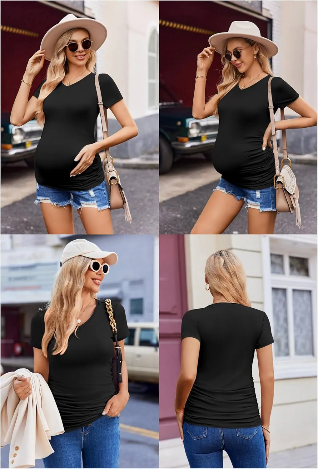 Ekouaer Womens Maternity Shirts 3 Packs V Neck Tops Tunic Pregnancy Clothes Side Ruched Short Sleeve Casual T Shirt S-XXL