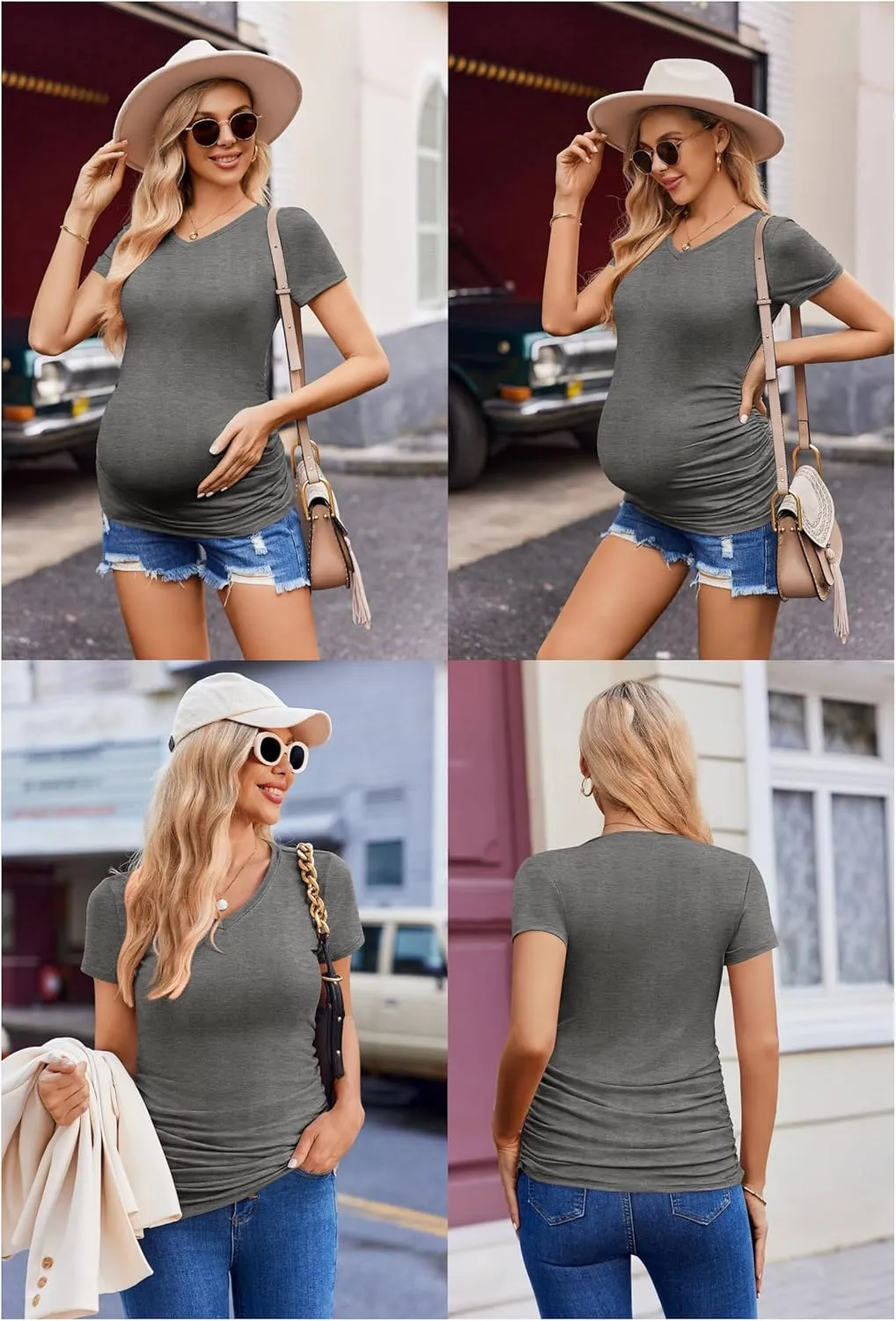 Ekouaer Womens Maternity Shirts 3 Packs V Neck Tops Tunic Pregnancy Clothes Side Ruched Short Sleeve Casual T Shirt S-XXL