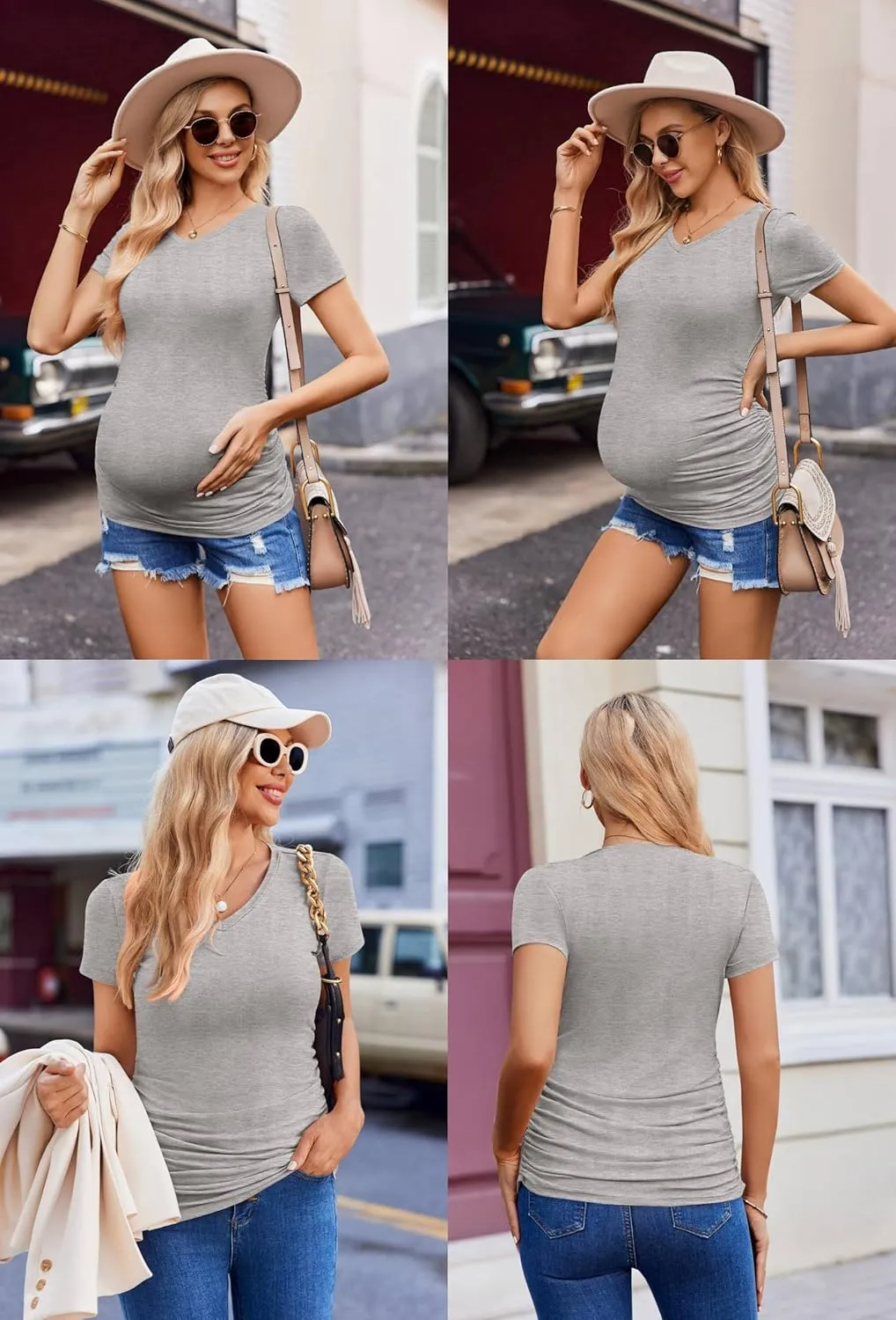 Ekouaer Womens Maternity Shirts 3 Packs V Neck Tops Tunic Pregnancy Clothes Side Ruched Short Sleeve Casual T Shirt S-XXL