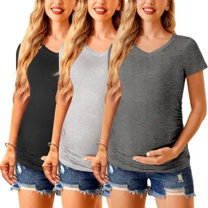 Ekouaer Womens Maternity Shirts 3 Packs V Neck Tops Tunic Pregnancy Clothes Side Ruched Short Sleeve Casual T Shirt S-XXL