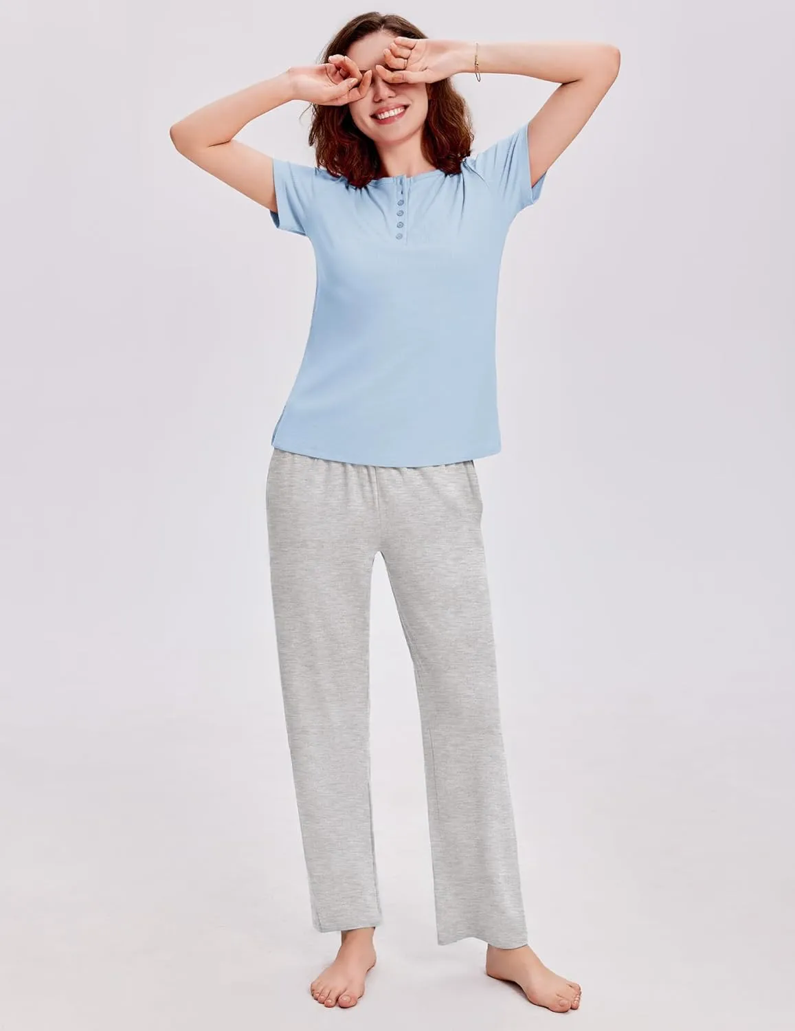 Ekouaer Womens Pajamas Sets Soft Ribbed Knit PJs Short Sleeve Sleepwear Sets Button Plaid Lounge Set