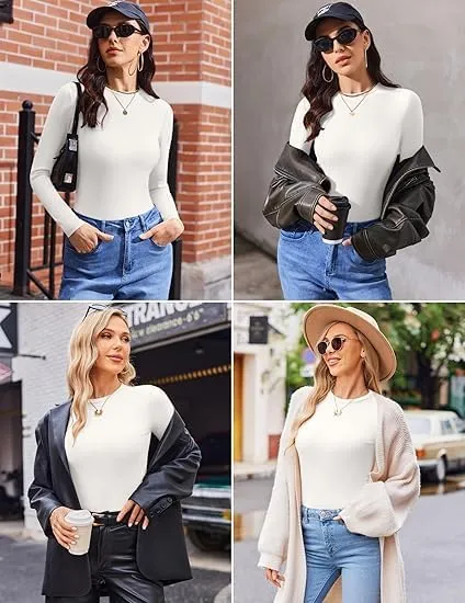 ELESOL Women's Long Sleeve Shirts 3 Packs Crew Neck Stretchy Fitted Tops Ribbed Base Layer Soft Thermal Undershirts Tee