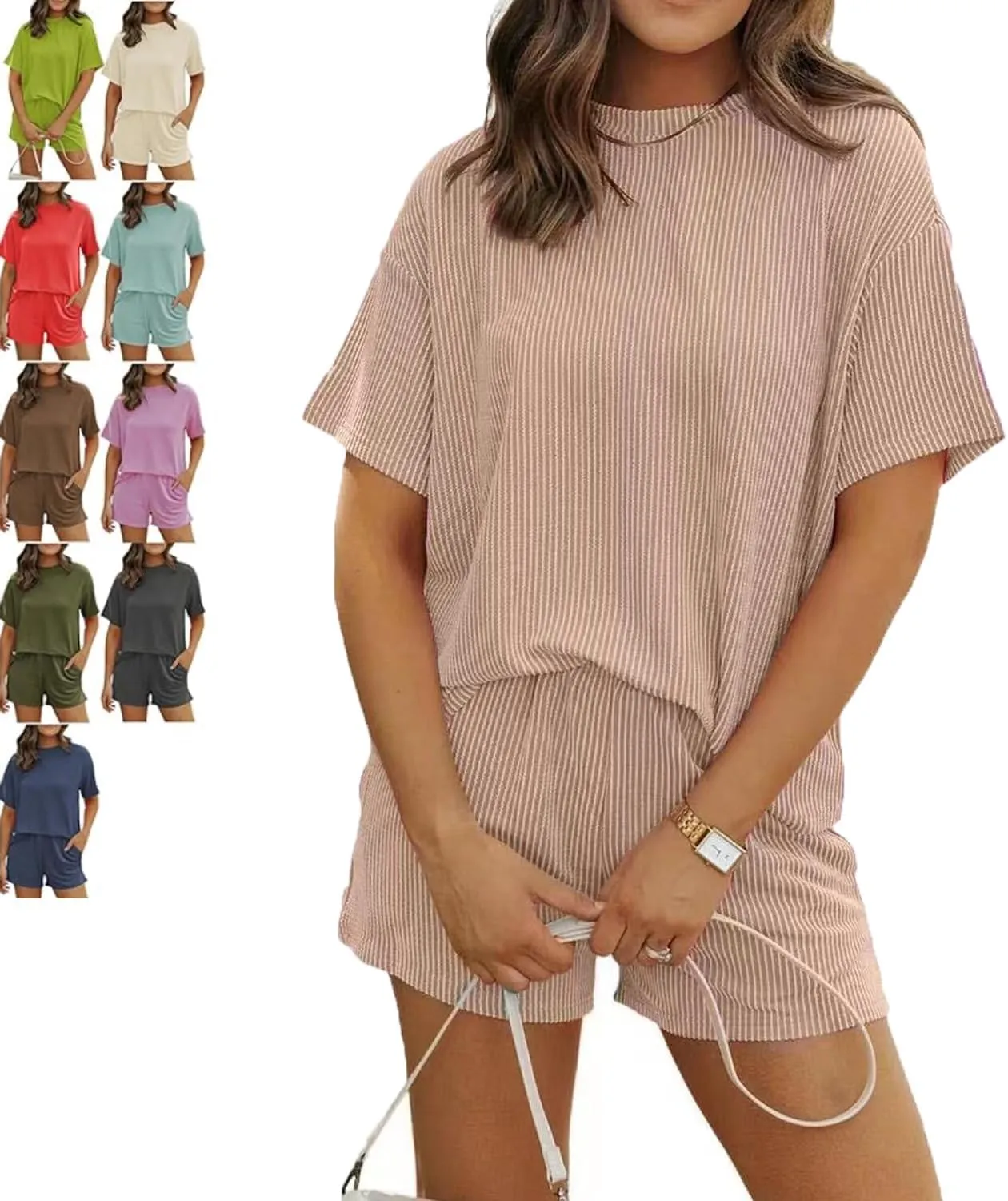 Elvessa Ribbed Textured Set, Ribbed Textured 2 Piece Short Set Women Summer Casual Loungewear Pajamas Matching Sets