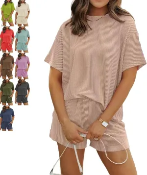 Elvessa Ribbed Textured Set, Ribbed Textured 2 Piece Short Set Women Summer Casual Loungewear Pajamas Matching Sets