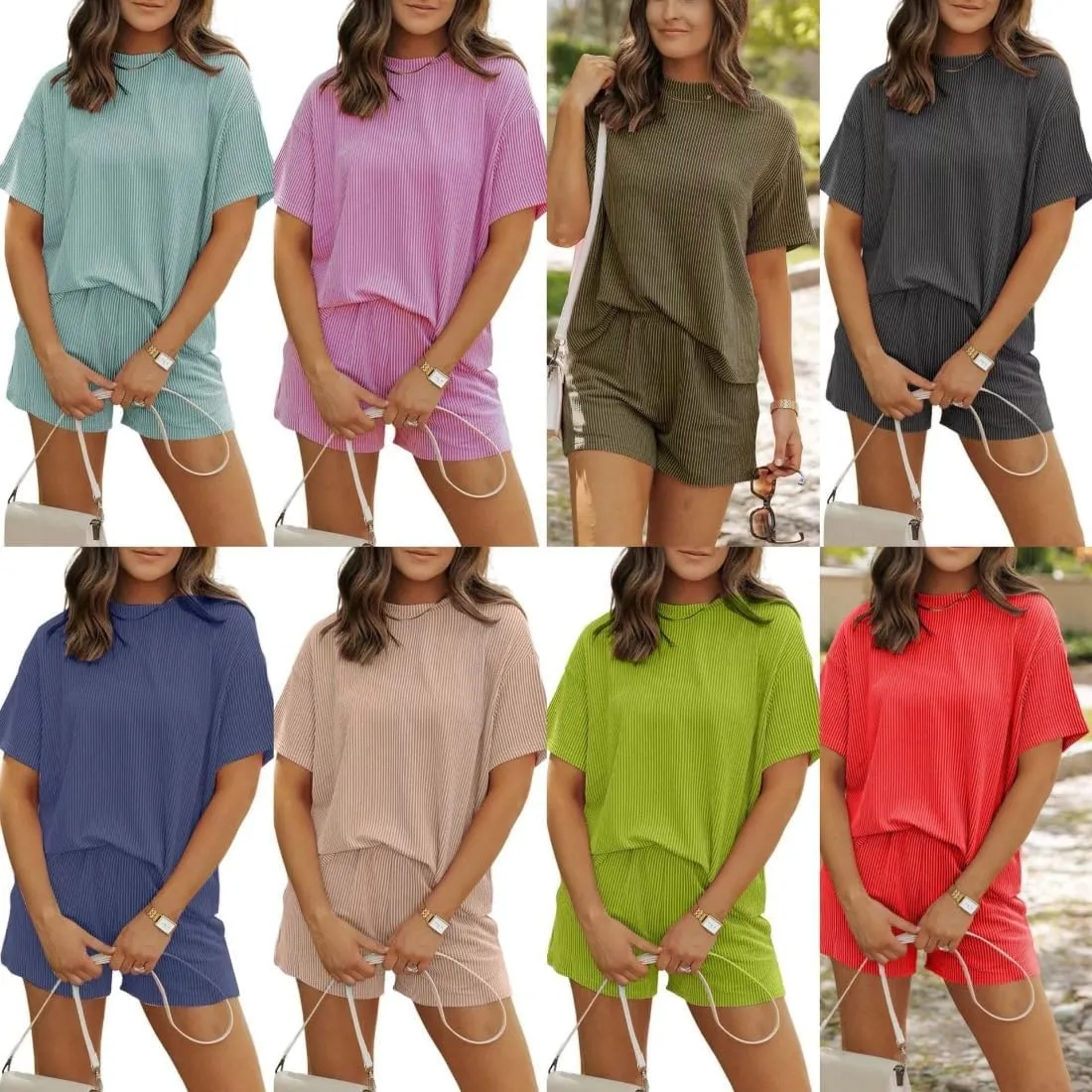 Elvessa Ribbed Textured Set, Ribbed Textured 2 Piece Short Set Women Summer Casual Loungewear Pajamas Matching Sets