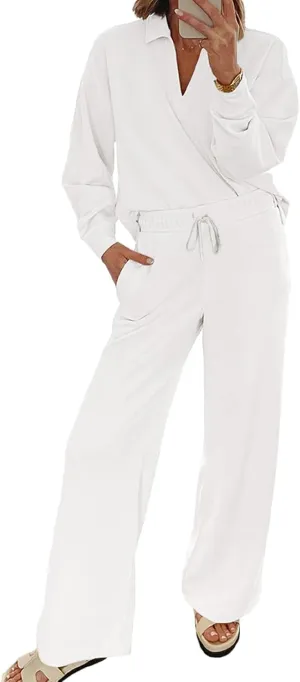 EVALESS Two Piece Sets for Women Lounge Sets V Neck Sweatshirt Wide Leg Sweatpants Women Outfits