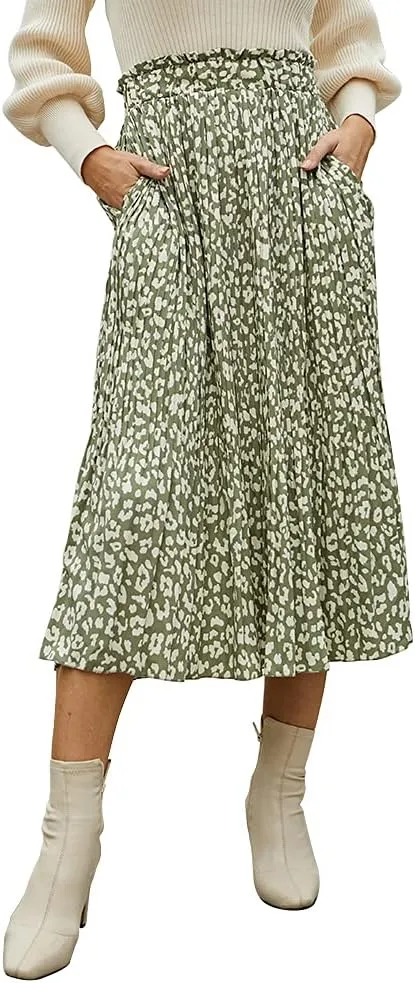 EXLURA Womens High Waist Polka Dot Pleated Maxi Skirt Midi Swing Skirt Beach Vacation Cruise Outfits with Pockets