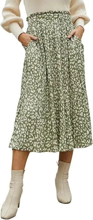 EXLURA Womens High Waist Polka Dot Pleated Maxi Skirt Midi Swing Skirt Beach Vacation Cruise Outfits with Pockets