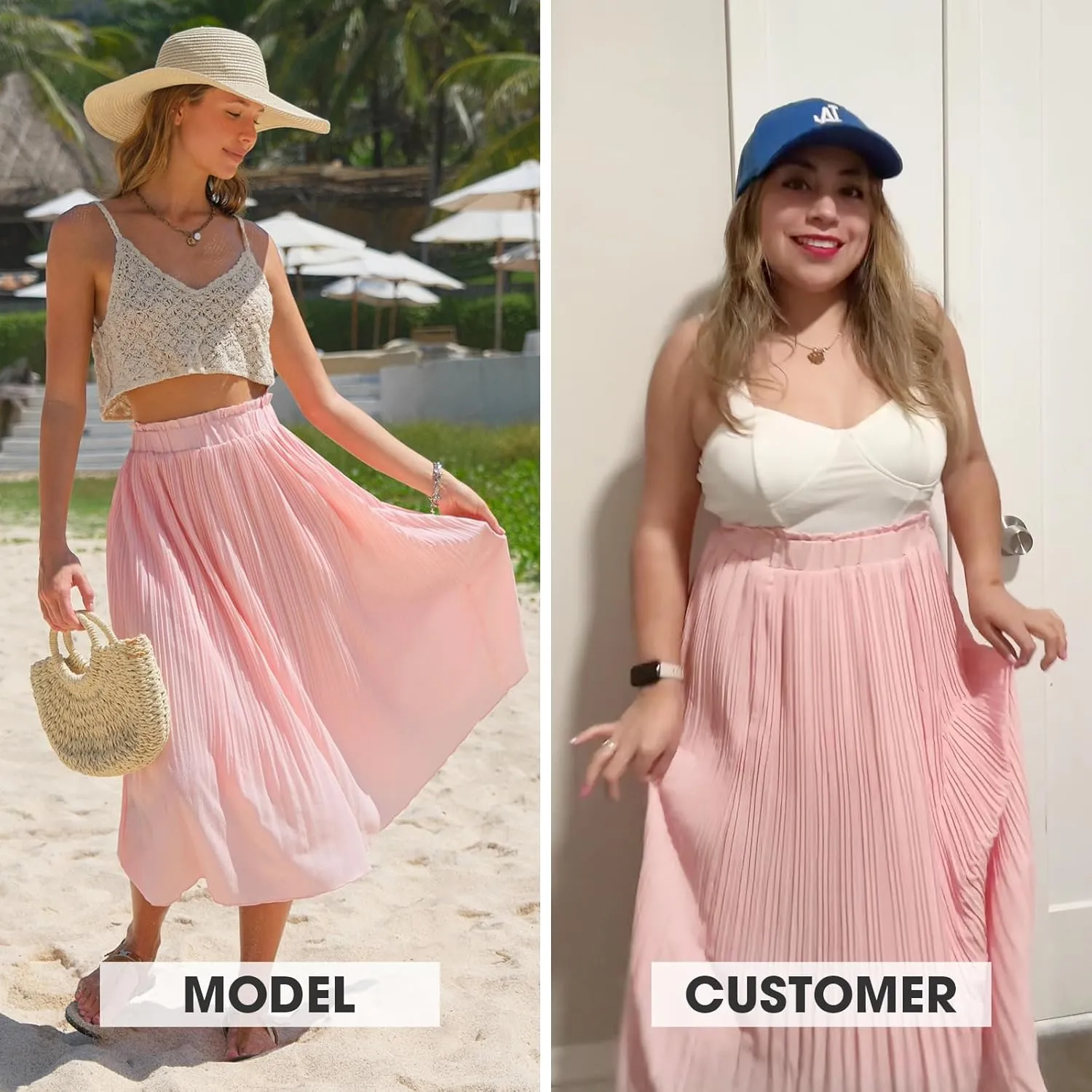 EXLURA Womens High Waist Polka Dot Pleated Maxi Skirt Midi Swing Skirt Beach Vacation Cruise Outfits with Pockets