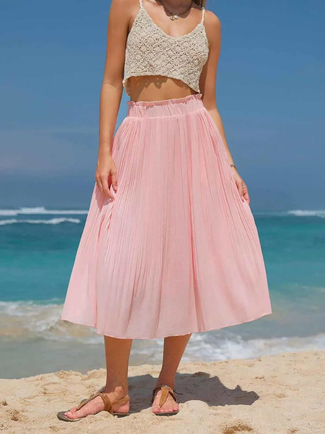 EXLURA Womens High Waist Polka Dot Pleated Maxi Skirt Midi Swing Skirt Beach Vacation Cruise Outfits with Pockets