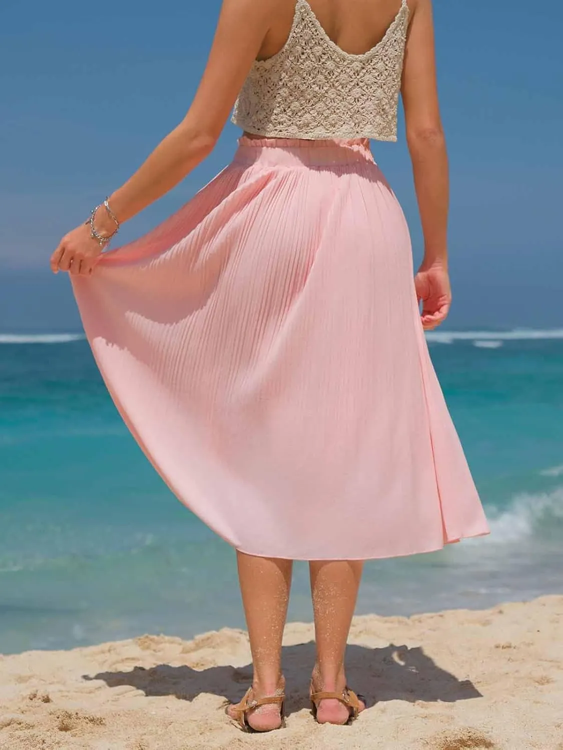EXLURA Womens High Waist Polka Dot Pleated Maxi Skirt Midi Swing Skirt Beach Vacation Cruise Outfits with Pockets