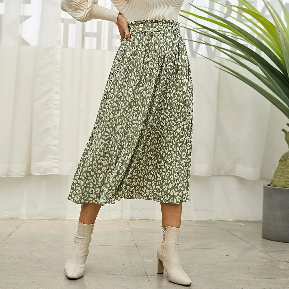 EXLURA Womens High Waist Polka Dot Pleated Maxi Skirt Midi Swing Skirt Beach Vacation Cruise Outfits with Pockets