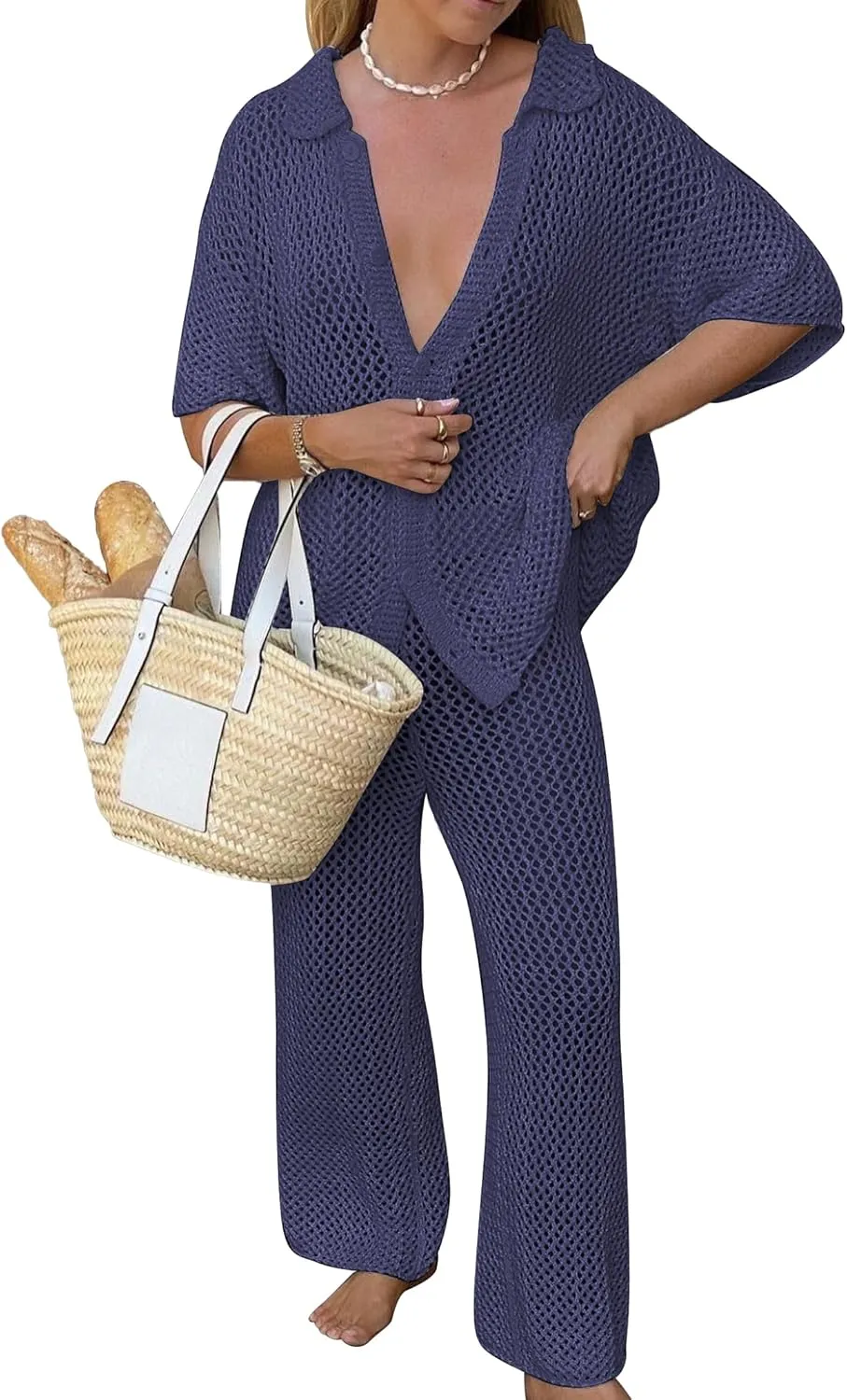 Famulily Womens Sexy Hollow Out Swimsuit Cover Up Sets Button Up Tops and Drawstring Pants 2 Piece Beach Set