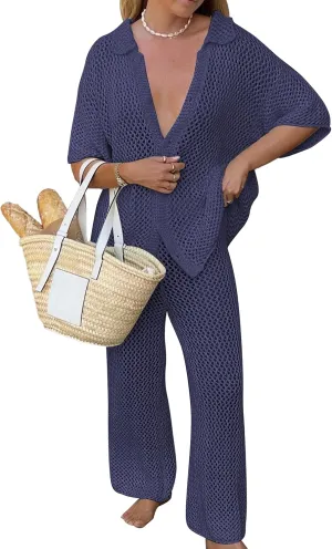 Famulily Womens Sexy Hollow Out Swimsuit Cover Up Sets Button Up Tops and Drawstring Pants 2 Piece Beach Set