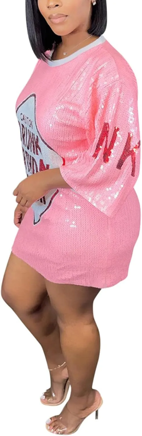 Fawjsais Women's Half Sleeve Dress O Neck Printed Sequins Mini Dress Loose Casual Sexy Nightclub Party T-Shirts Tops Dress