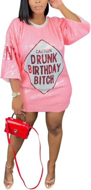 Fawjsais Women's Half Sleeve Dress O Neck Printed Sequins Mini Dress Loose Casual Sexy Nightclub Party T-Shirts Tops Dress