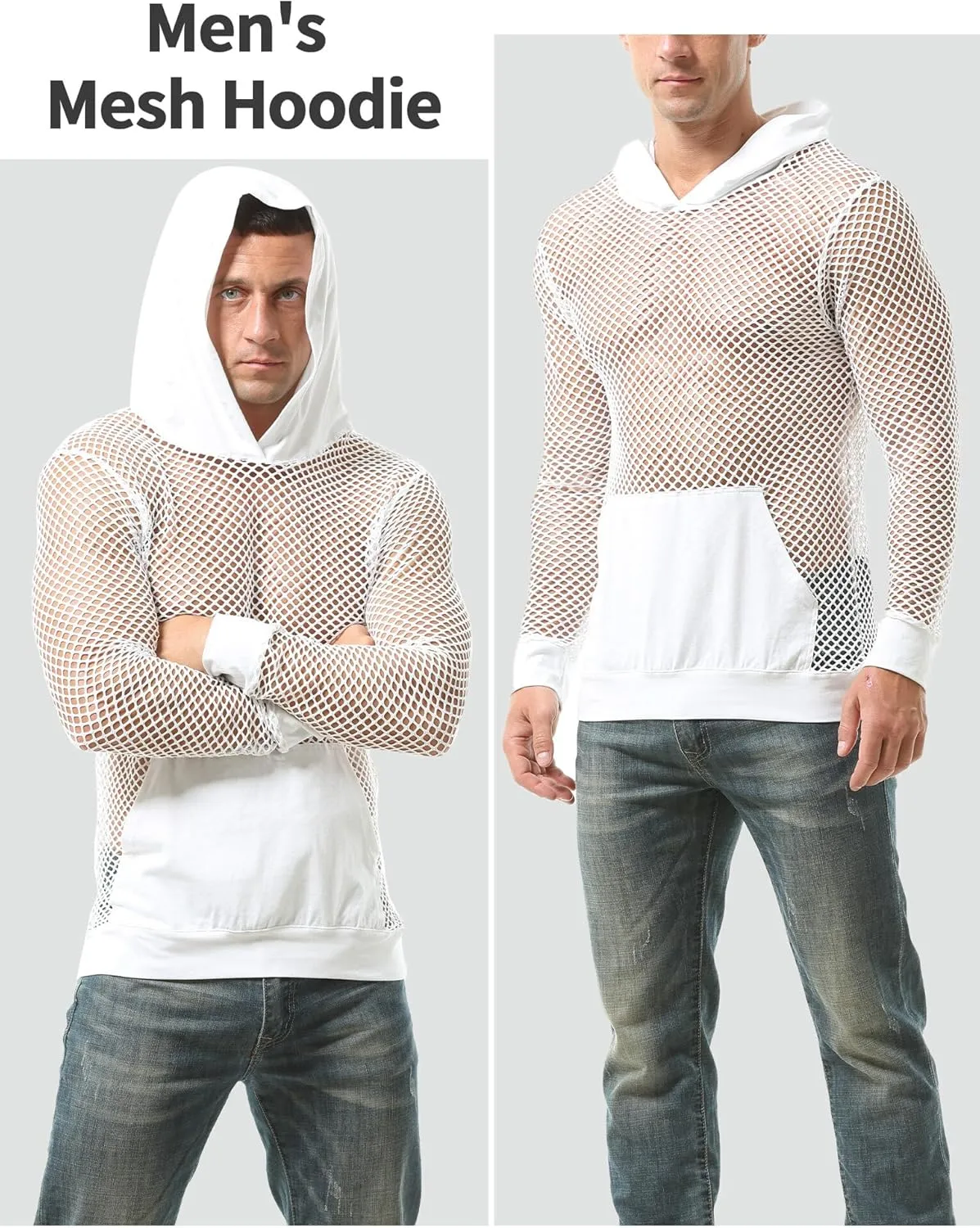 FEOYA Mesh Hoodie Shirts for Men See Through Fishnet Top Gym Workout Muscle Pullover Long Sleeve T Shirt Undershirt