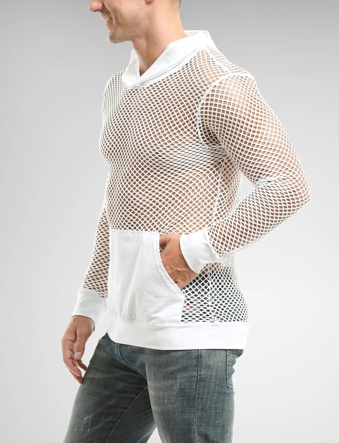 FEOYA Mesh Hoodie Shirts for Men See Through Fishnet Top Gym Workout Muscle Pullover Long Sleeve T Shirt Undershirt