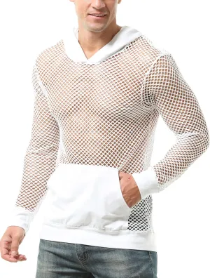 FEOYA Mesh Hoodie Shirts for Men See Through Fishnet Top Gym Workout Muscle Pullover Long Sleeve T Shirt Undershirt