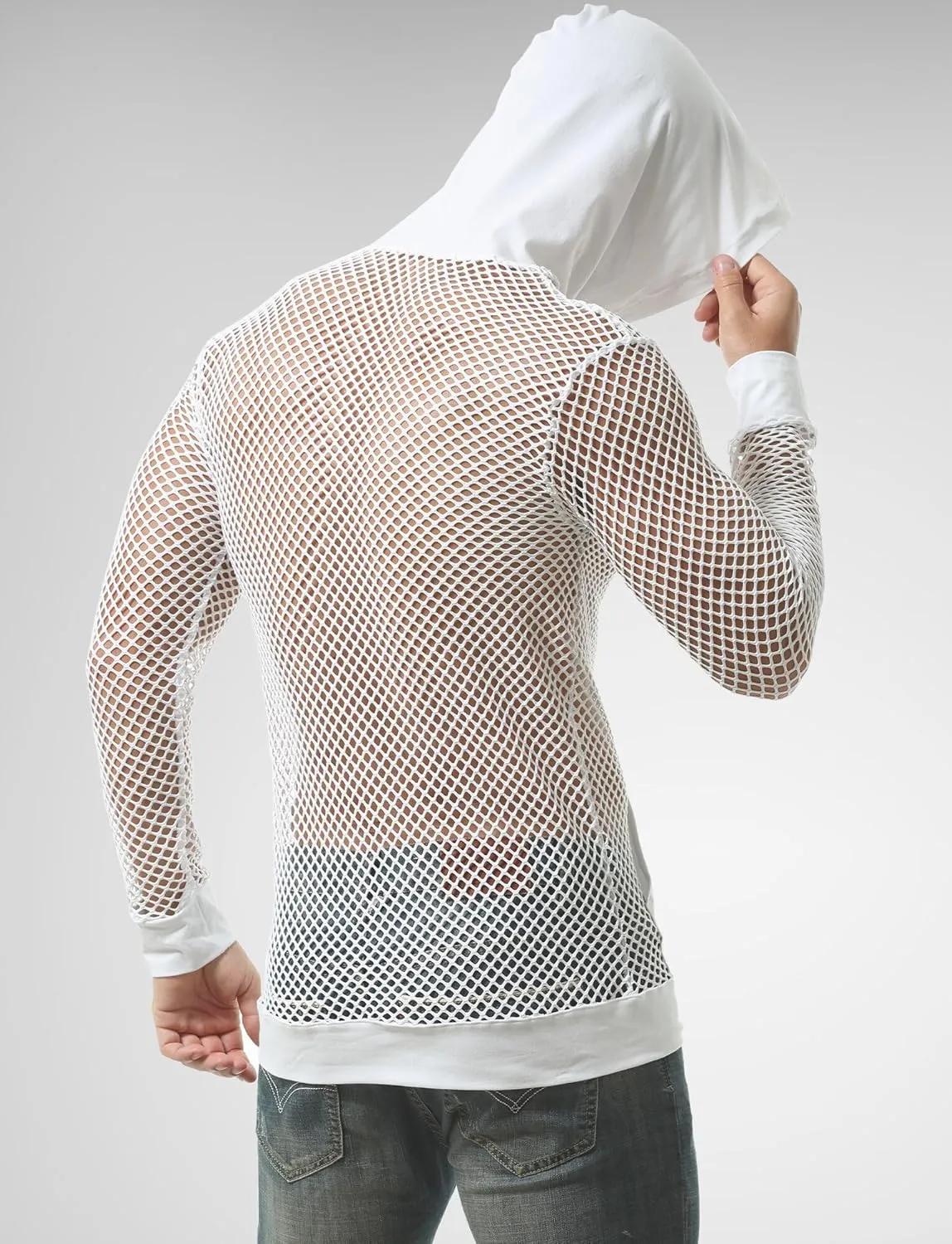 FEOYA Mesh Hoodie Shirts for Men See Through Fishnet Top Gym Workout Muscle Pullover Long Sleeve T Shirt Undershirt