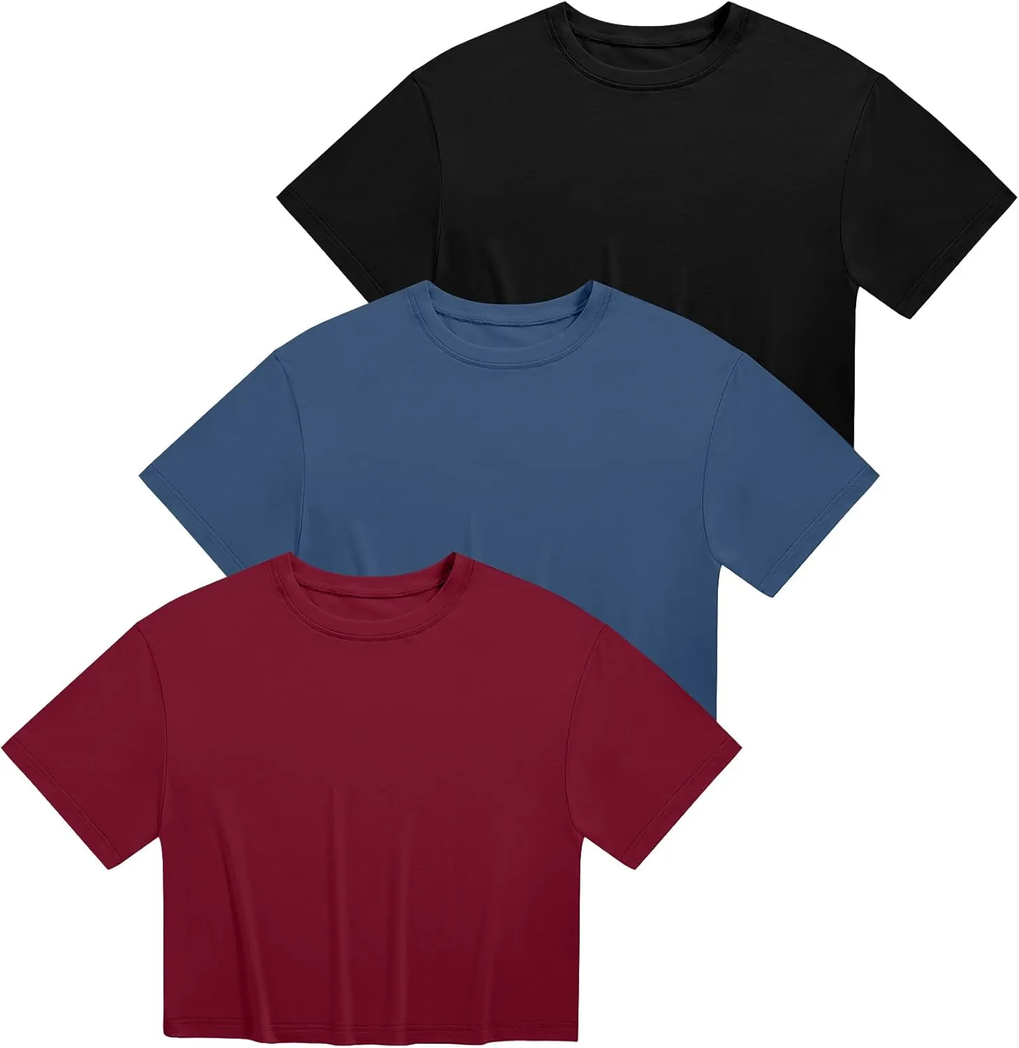 Ficerd 3 Pack Women Crop Tops Half Sleeve Cropped T Shirts Casual Crew Neck Drop Shoulder Loose Summer Solid Color