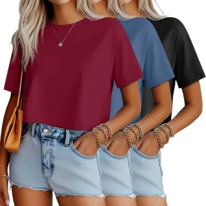Ficerd 3 Pack Women Crop Tops Half Sleeve Cropped T Shirts Casual Crew Neck Drop Shoulder Loose Summer Solid Color