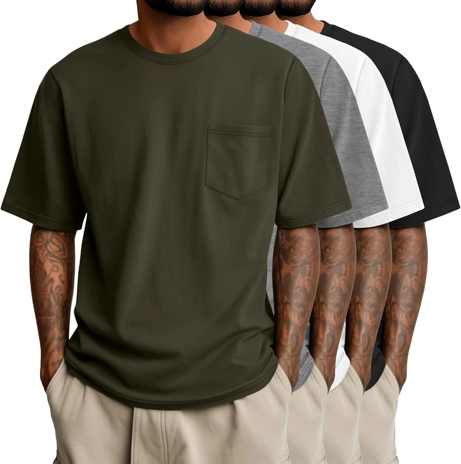 Ficerd 4 Pack Mens Big and Tall Shirts, Short Sleeve Pocket Tee Heavyweight Crew Neck Cotton Tops Loose Fit Casual T Shirt