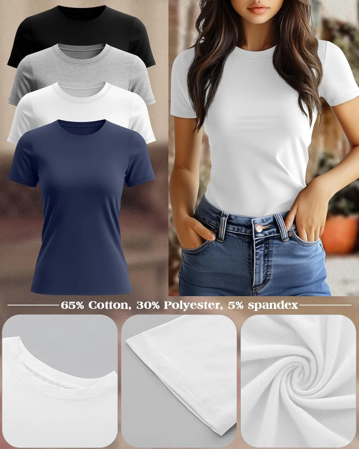 Ficerd 4 Pack Women's Short Sleeve T Shirts Cotton Crew Neck Slim Fitted Tops Basic Casual Shirts Stretchy Going Out Tees