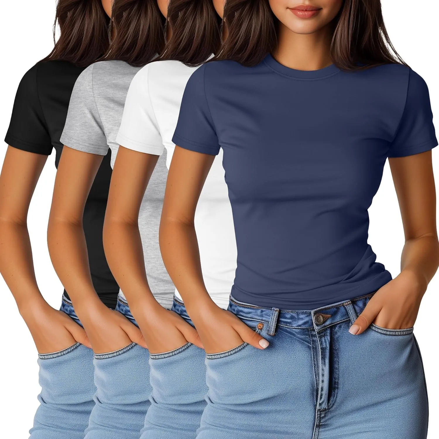 Ficerd 4 Pack Women's Short Sleeve T Shirts Cotton Crew Neck Slim Fitted Tops Basic Casual Shirts Stretchy Going Out Tees
