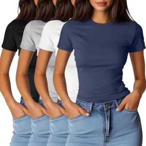 Ficerd 4 Pack Women's Short Sleeve T Shirts Cotton Crew Neck Slim Fitted Tops Basic Casual Shirts Stretchy Going Out Tees