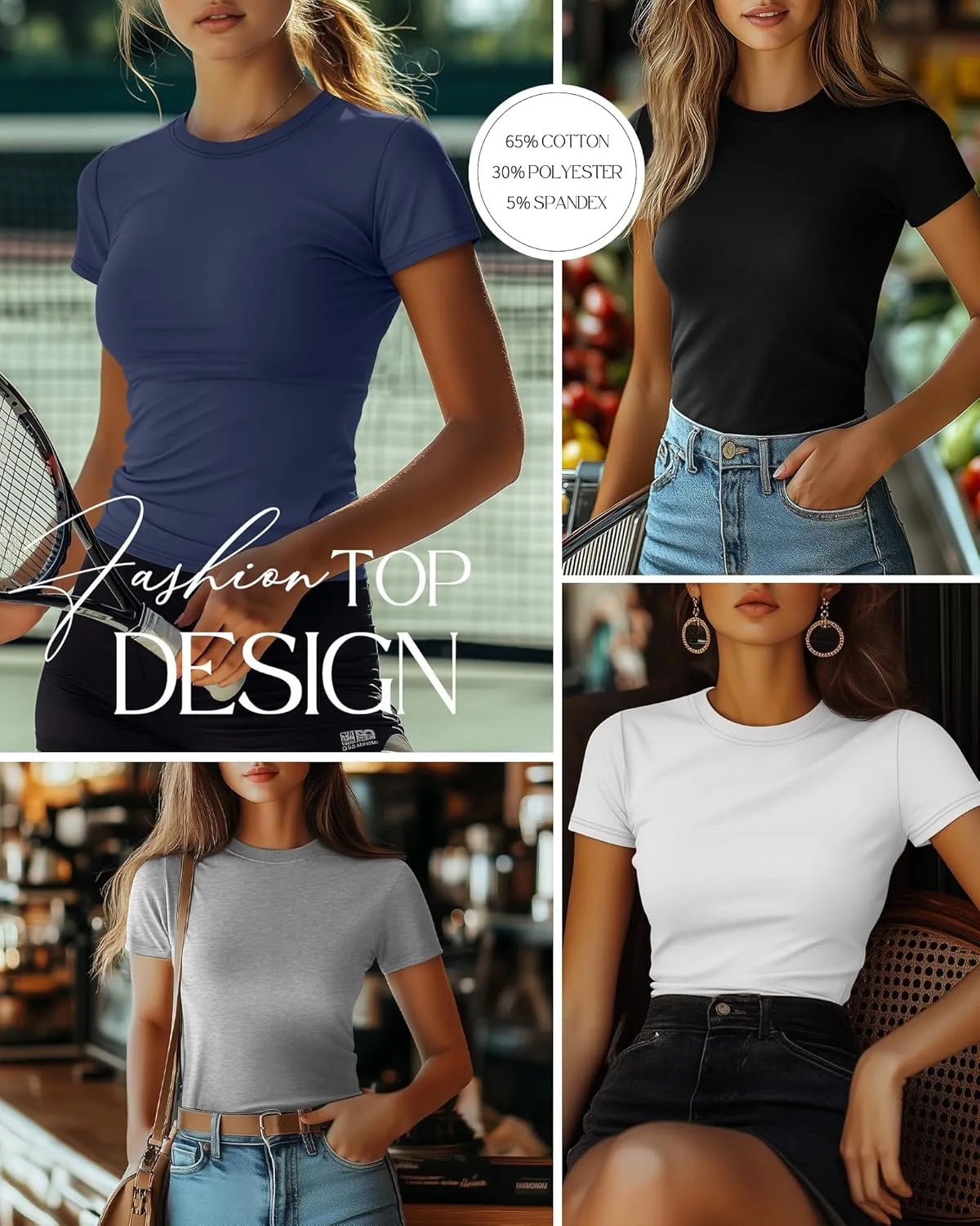 Ficerd 4 Pack Women's Short Sleeve T Shirts Cotton Crew Neck Slim Fitted Tops Basic Casual Shirts Stretchy Going Out Tees