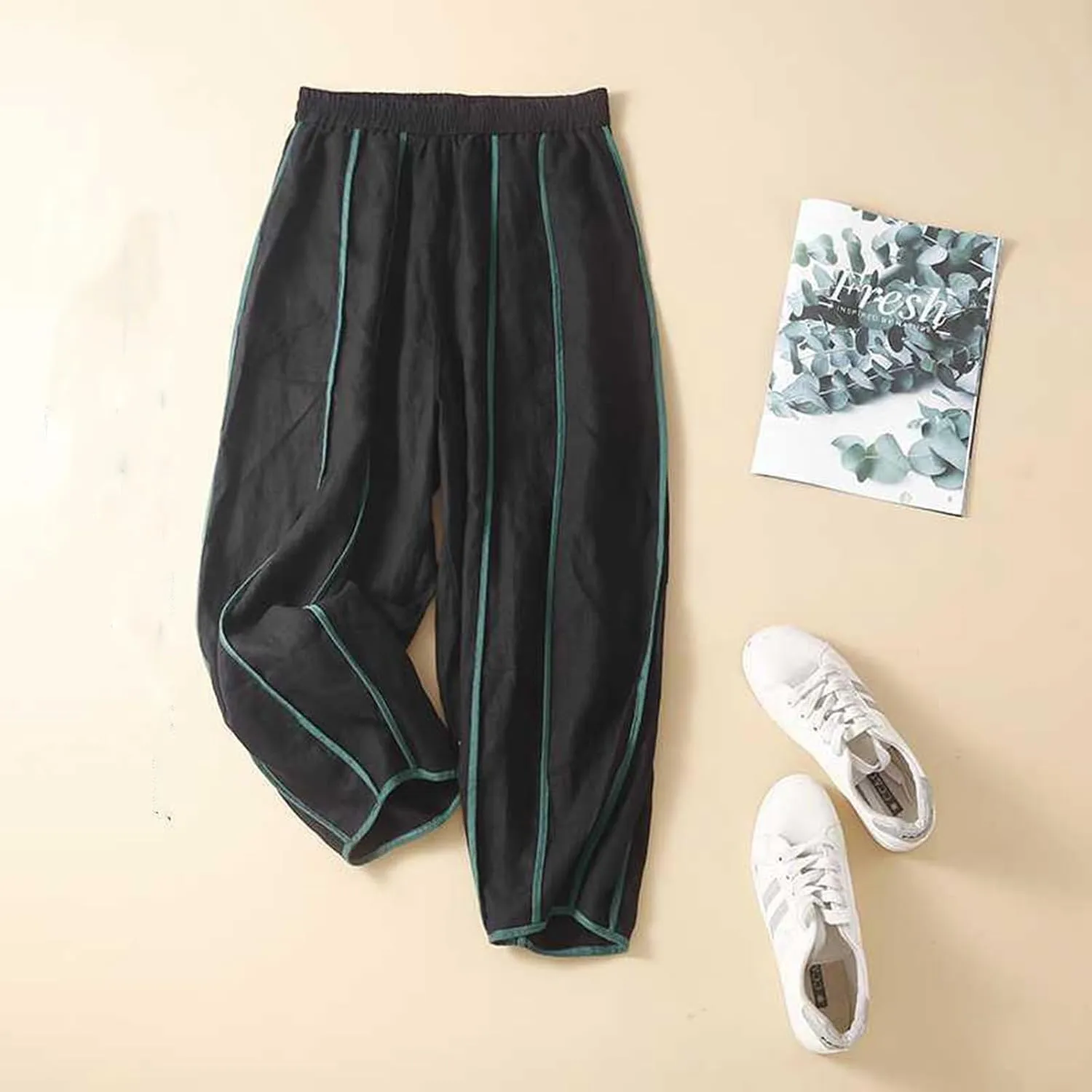 Firzero Women Summer Pants Cotton Linen Pants 2024 Casual Wide Leg Elastic Waist Trousers Loose Fit Straight Leg Pants