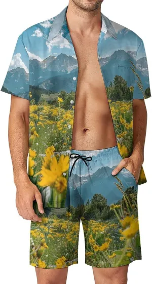 Flowers And Green Plants Mens Swimsuit 2 Pieces Set Quick Dry Shorts Shirts Summer Button Down Short Sleeve Set
