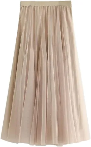 Fnfmrfmr Women Mesh Pleated Midi Skirt Solid Harajuku High Waist Casual Beach Loose Long Skirts