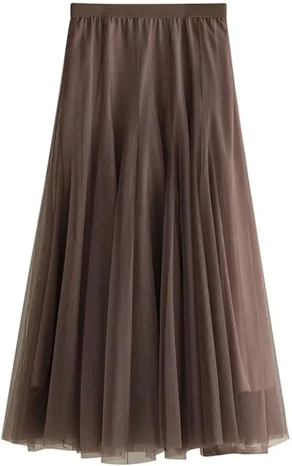 Fnfmrfmr Women Mesh Pleated Midi Skirt Solid Harajuku High Waist Casual Beach Loose Long Skirts