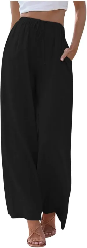 FRMUIC Women Cotton Linen Summer Palazzo Pants Flowy Wide Leg Beach Trousers Casual Lounge Pant Vacation Outfits with Pockets