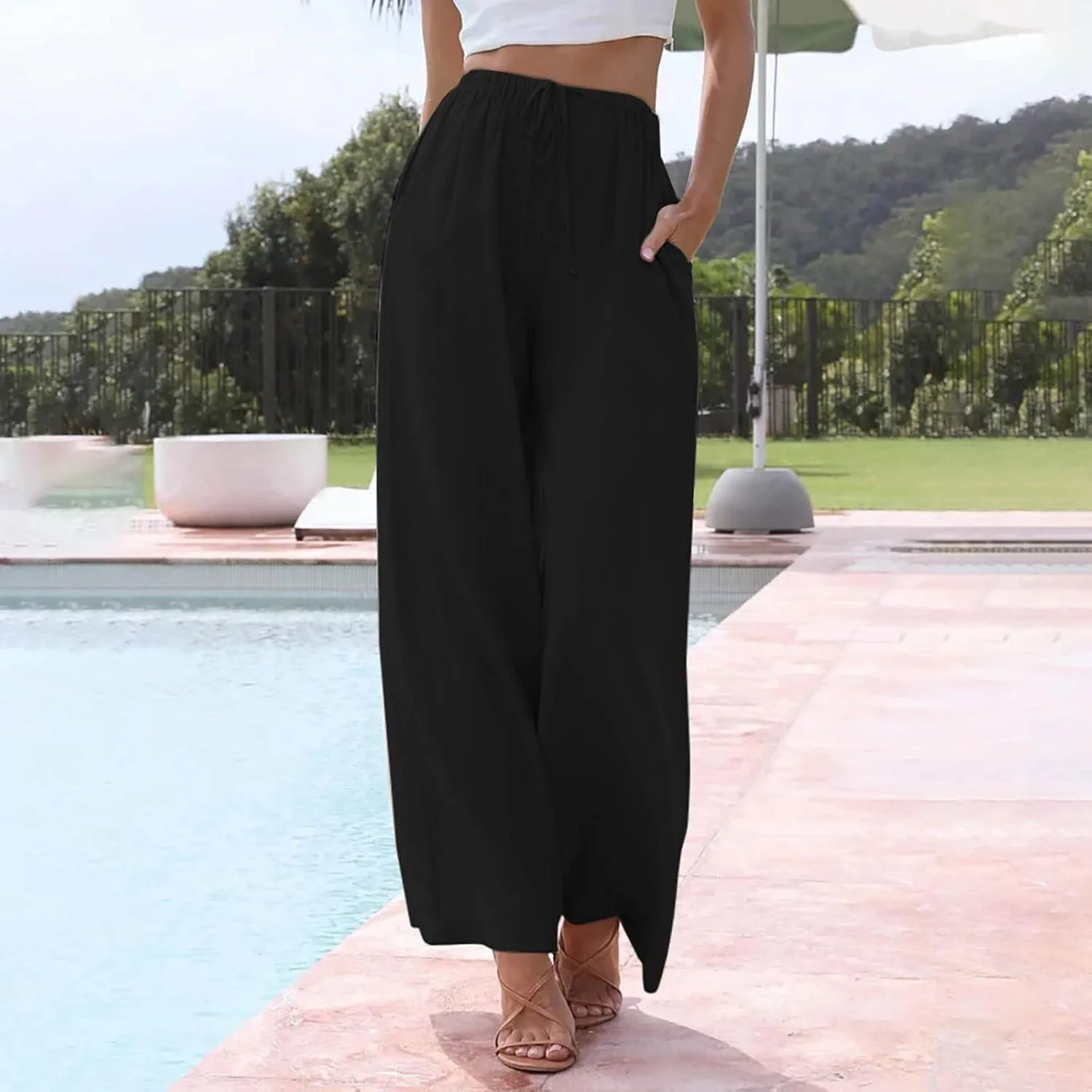 FRMUIC Women Cotton Linen Summer Palazzo Pants Flowy Wide Leg Beach Trousers Casual Lounge Pant Vacation Outfits with Pockets