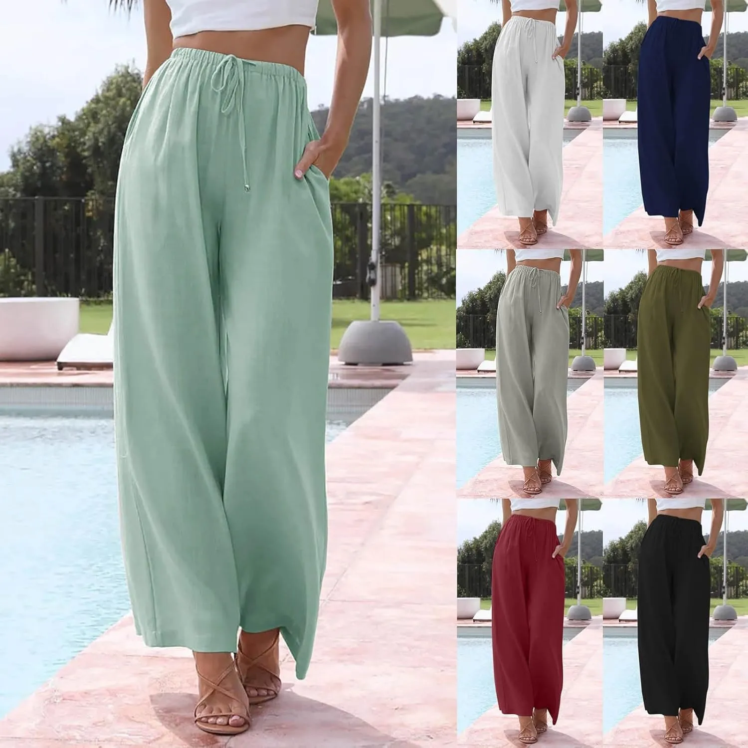 FRMUIC Women Cotton Linen Summer Palazzo Pants Flowy Wide Leg Beach Trousers Casual Lounge Pant Vacation Outfits with Pockets