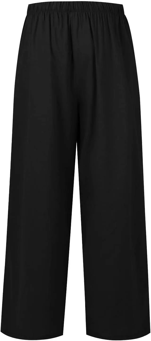 FRMUIC Women Cotton Linen Summer Palazzo Pants Flowy Wide Leg Beach Trousers Casual Lounge Pant Vacation Outfits with Pockets
