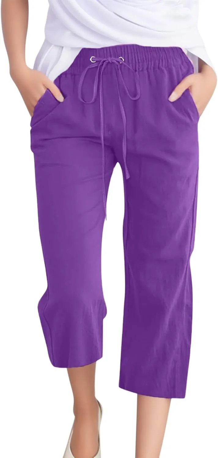 FZVYD Capris Pants for Women Cotton Linen Casual 2025 Summer Straight Wide Leg Loose Drawstring Elastic Waist Cropped Trouser