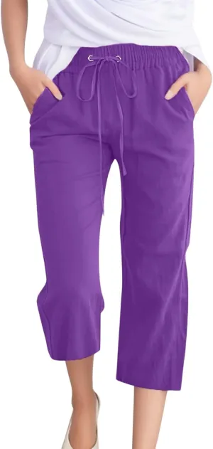 FZVYD Capris Pants for Women Cotton Linen Casual 2025 Summer Straight Wide Leg Loose Drawstring Elastic Waist Cropped Trouser