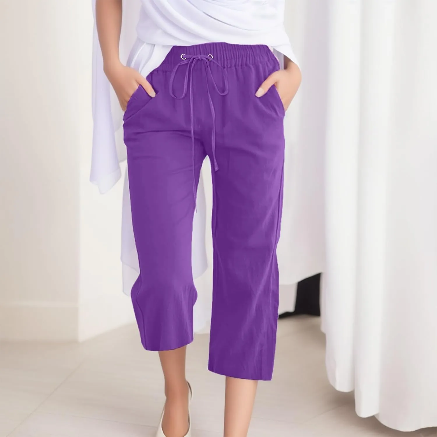 FZVYD Capris Pants for Women Cotton Linen Casual 2025 Summer Straight Wide Leg Loose Drawstring Elastic Waist Cropped Trouser