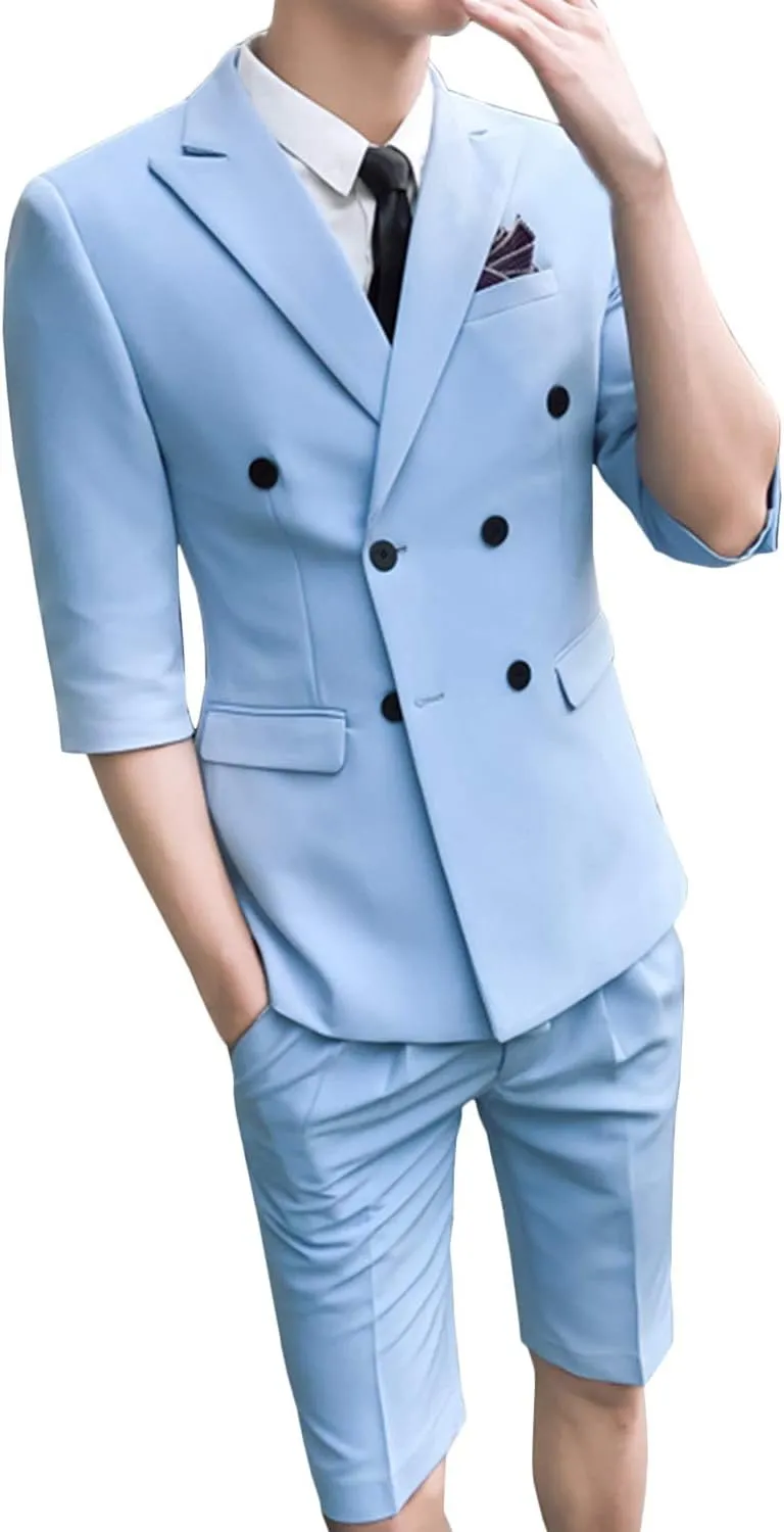 GATMSTZ Men Double Breasted 3/4 Sleeves Blazer Short Pants Formal Summer Suits