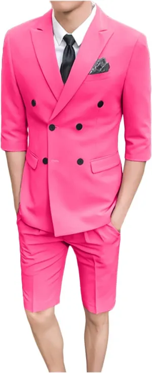 GATMSTZ Men Double Breasted 3/4 Sleeves Blazer Short Pants Formal Summer Suits