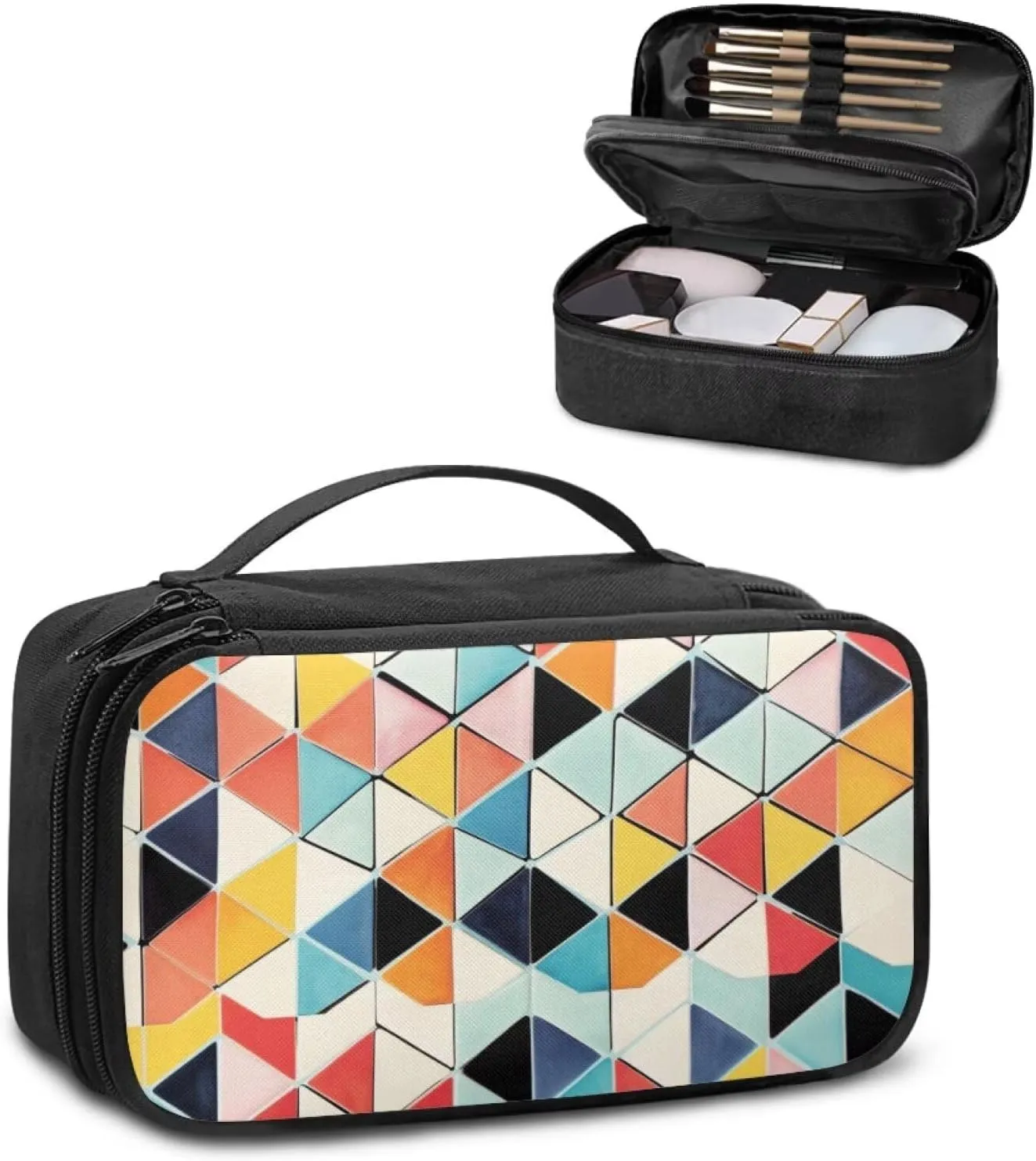 Geometric Lattice Makeup Bag for Women Waterproof Travel Cosmetic Organizer with 8 Loops & 4 Brush Pockets | Trendy Teen Girl Gifts for Weddings, Work Makeup Bag for Purse & Carry-Ons